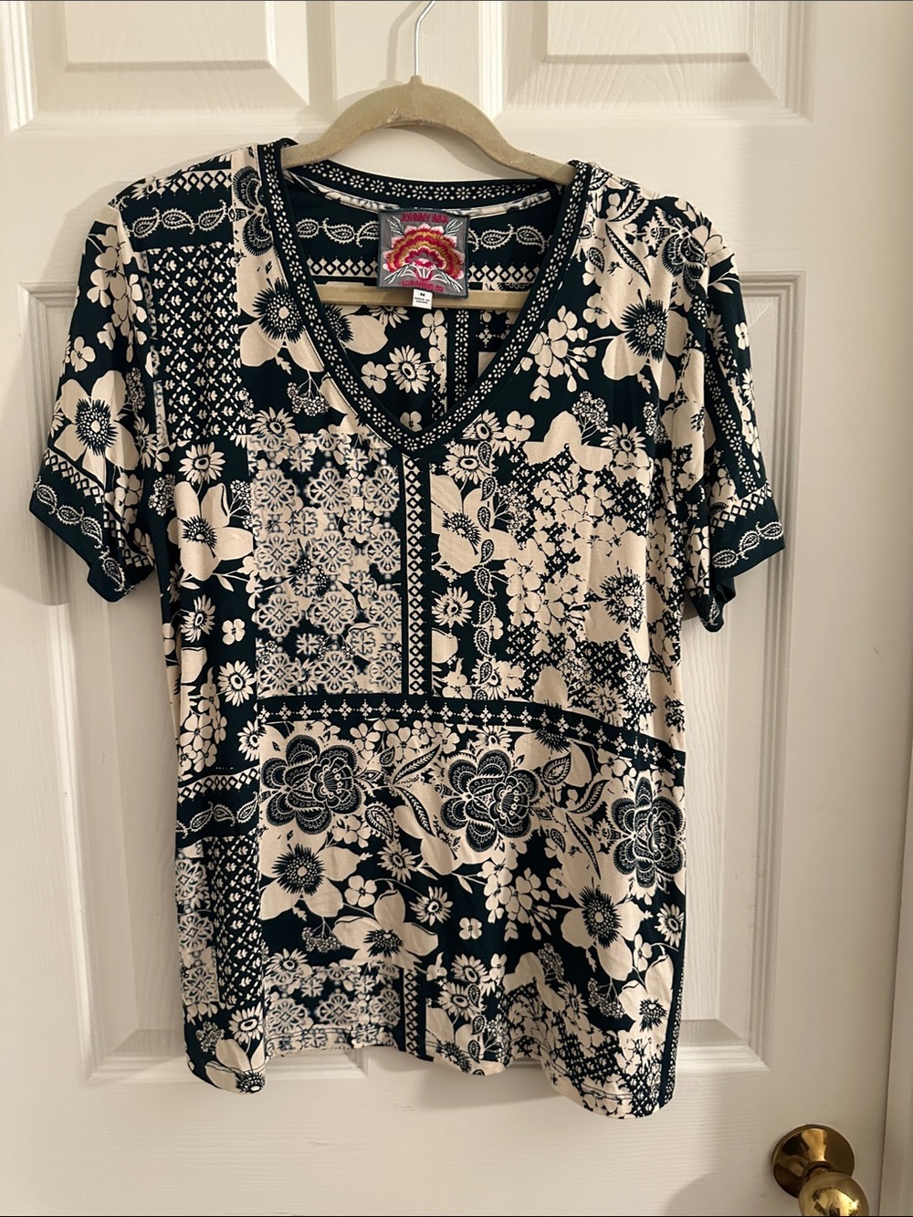 Johnny Was Black and Cream Floral Patchwork Short Sleeve Tee